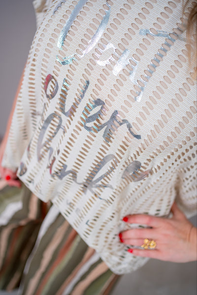 Oversize Lochstrick-Shirt mit Print, beige/creme