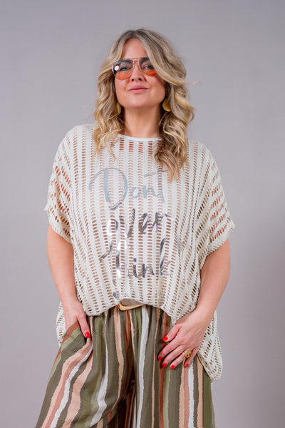 Oversize Lochstrick-Shirt mit Print, beige/creme