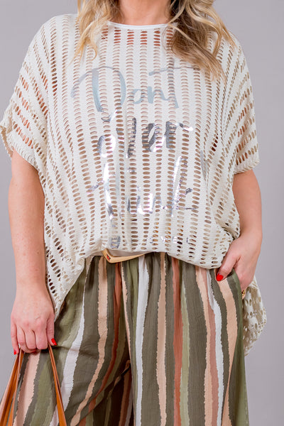 Oversize Lochstrick-Shirt mit Print, beige/creme