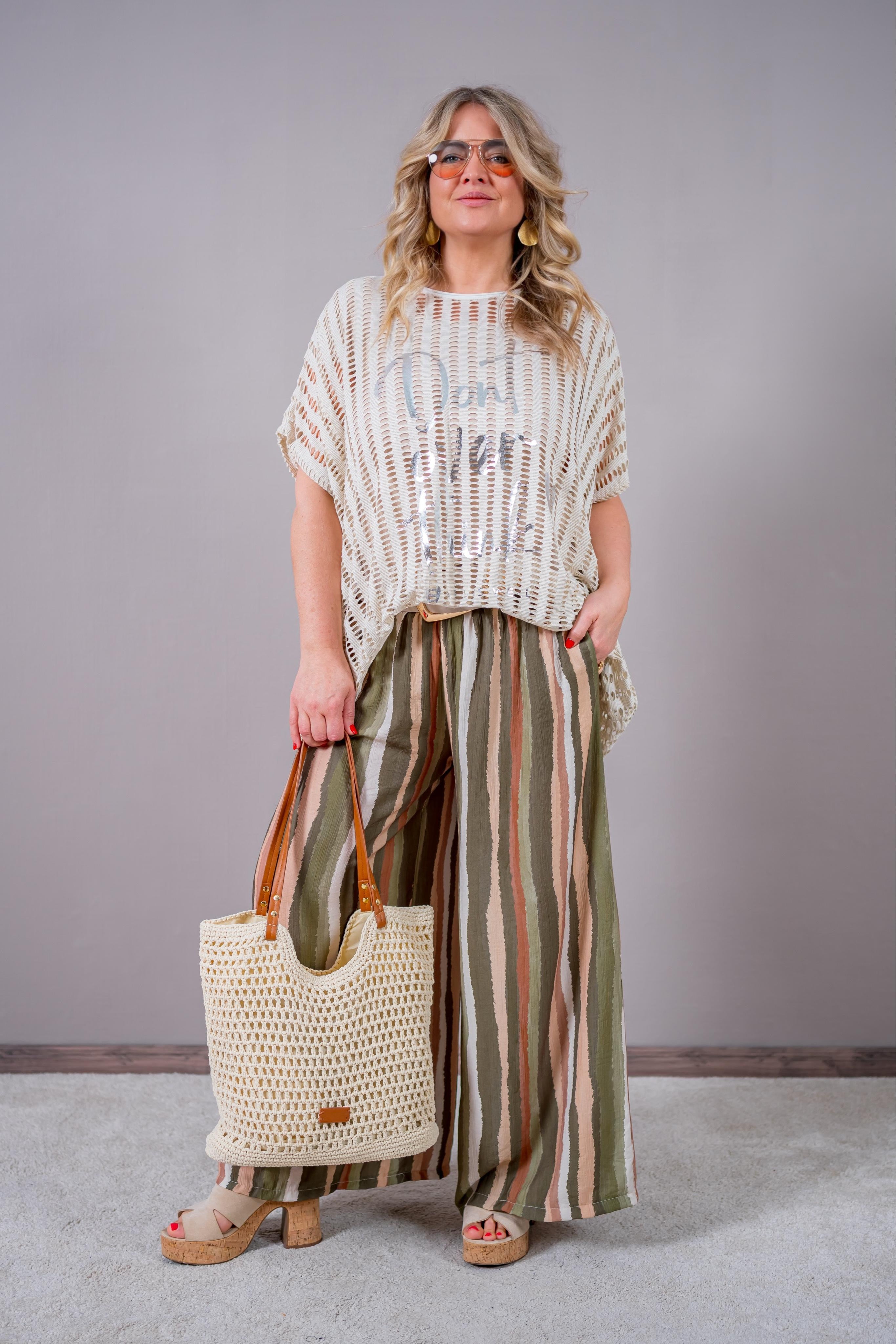 Oversize Lochstrick-Shirt mit Print, beige/creme