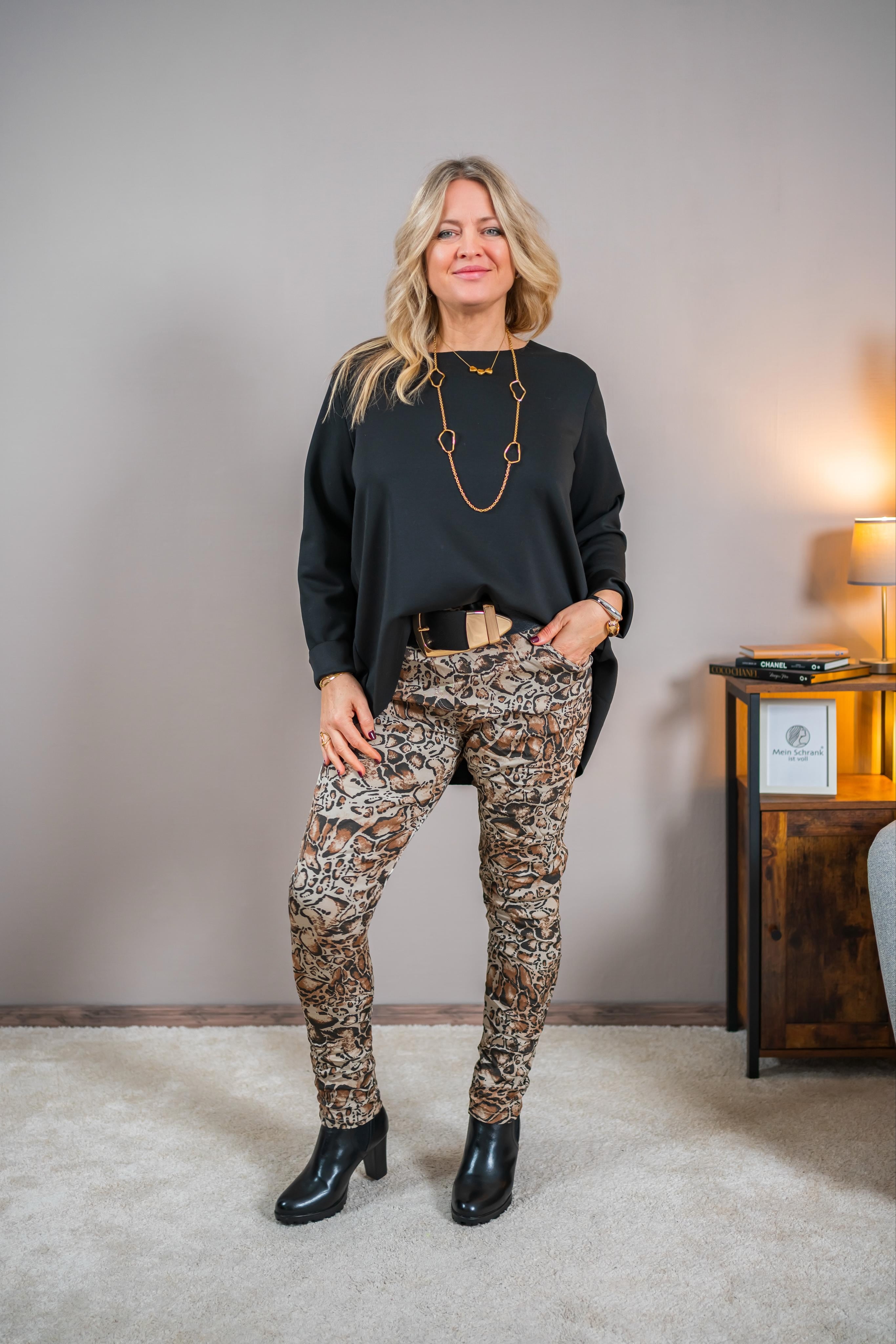 Stretchhose mit Leoprint, brauntöne