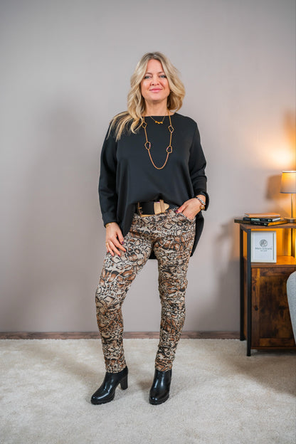Stretchhose mit Leoprint, brauntöne