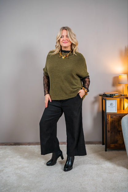 Kurzarm Oversized-Feinstrickpullover,  olivgrün