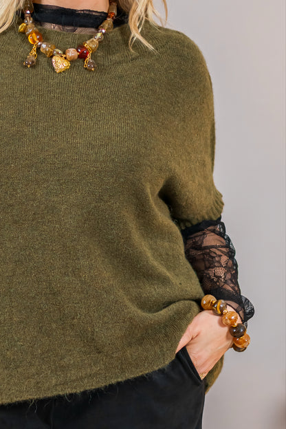 Kurzarm Oversized-Feinstrickpullover,  olivgrün