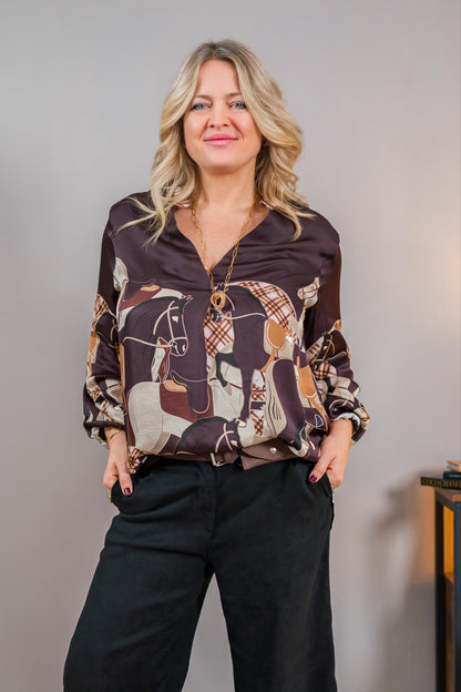 Viskose-Bluse mit Muster, braun