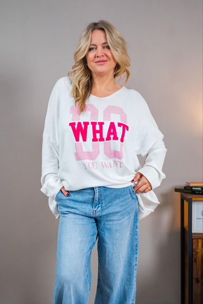 Oversize-Pullover mit Schriftzug, weiß mit neonfarbenen Druck