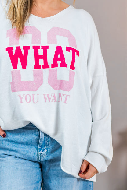 Oversize-Pullover mit Schriftzug, weiß mit neonfarbenen Druck