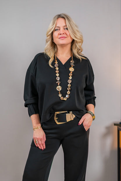 Elegantes Sweatshirt mit V-Ausschnitt, schwarz