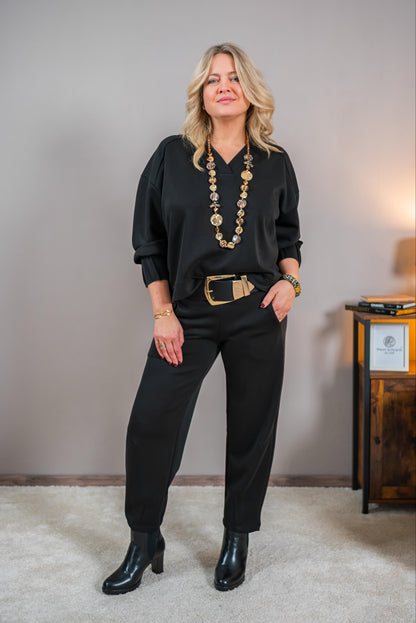 Elegantes Sweatshirt mit V-Ausschnitt, schwarz