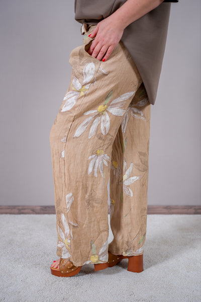 Leinenhose mit Blumen-Design und Gürtel, beige