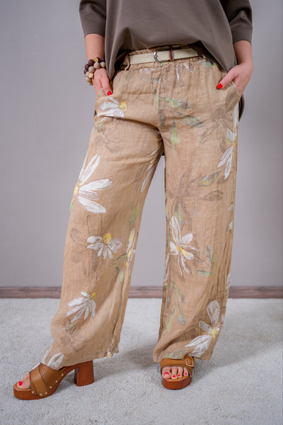 Leinenhose mit Blumen-Design und Gürtel, beige