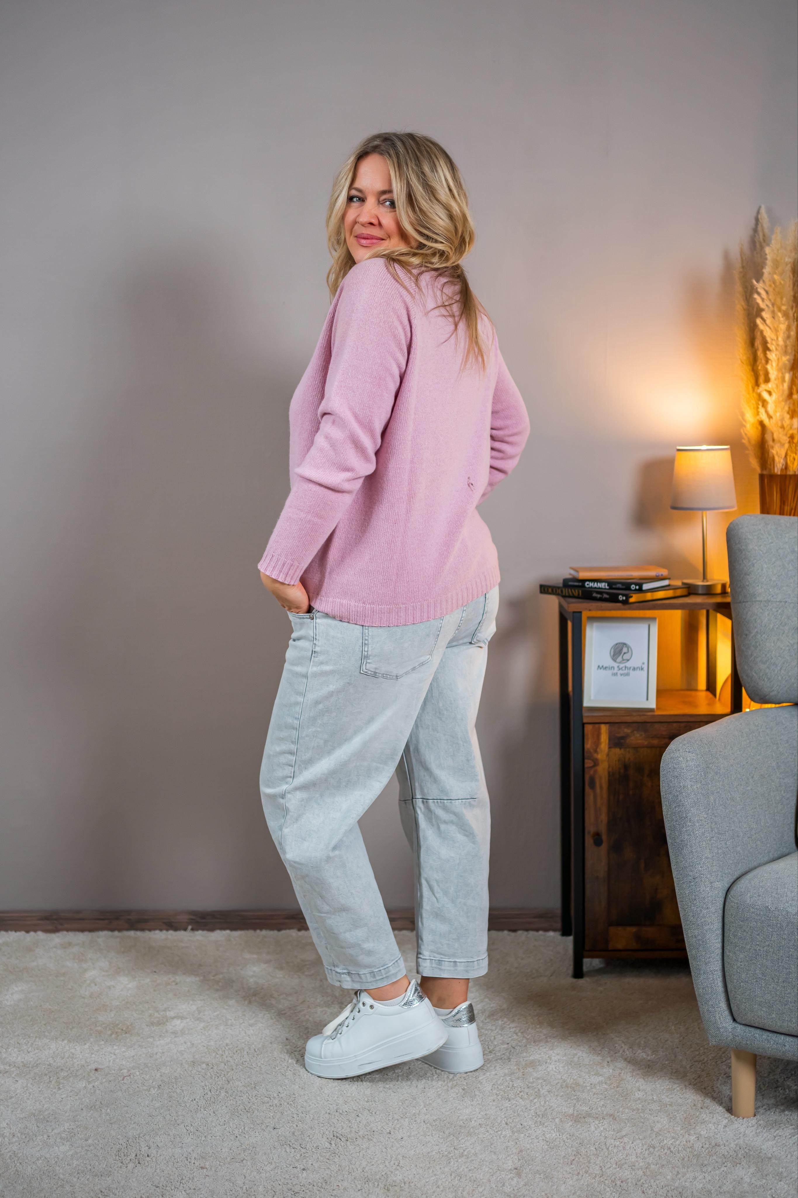 Rollkragenpullover mit Rautenmuster, rosa/creme