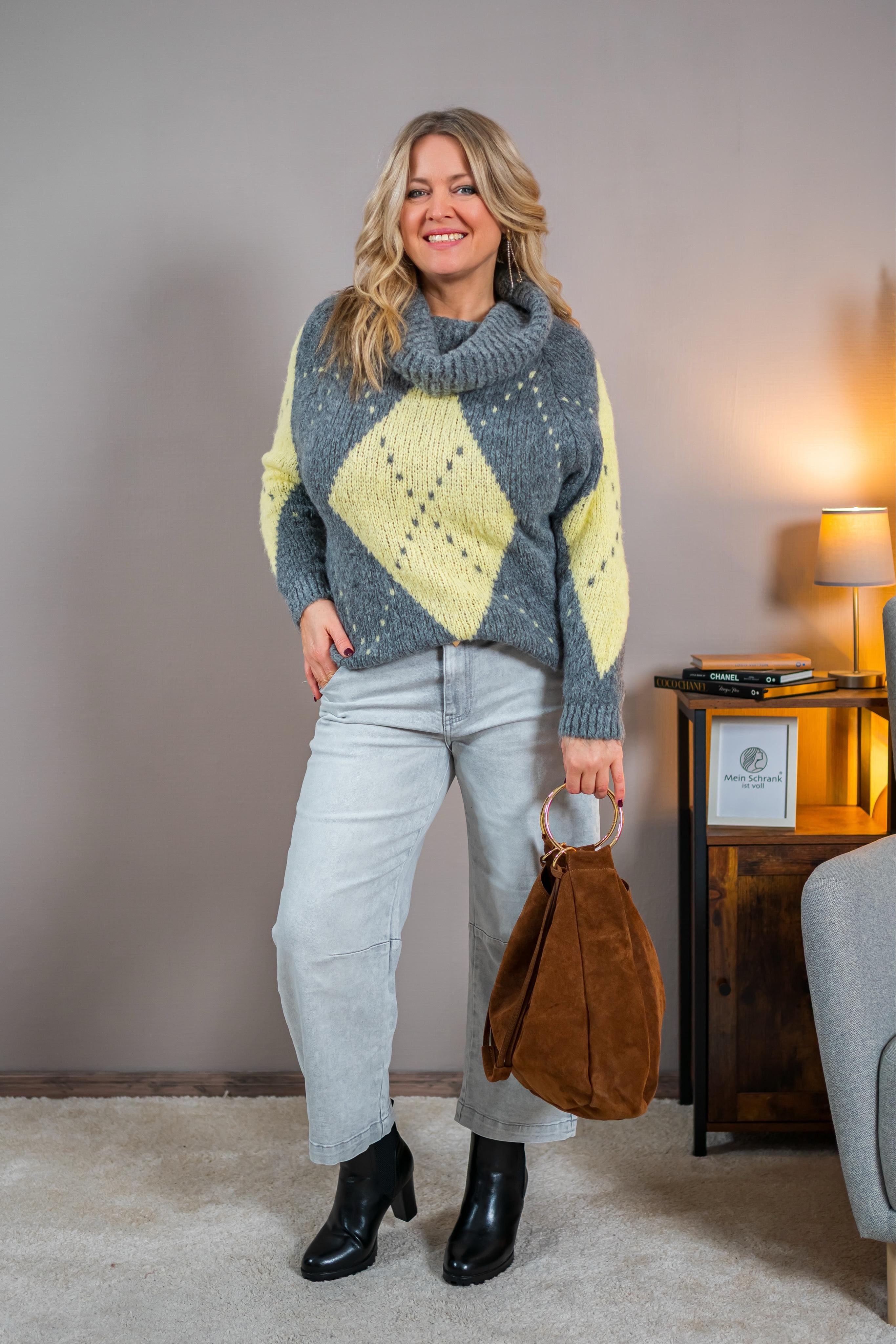 Strickpullover mit Rautenmuster und Schalkragen, grau/gelb