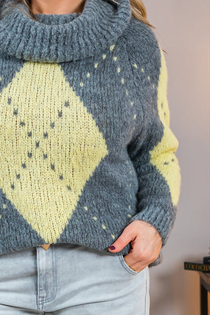Strickpullover mit Rautenmuster und Schalkragen, grau/gelb