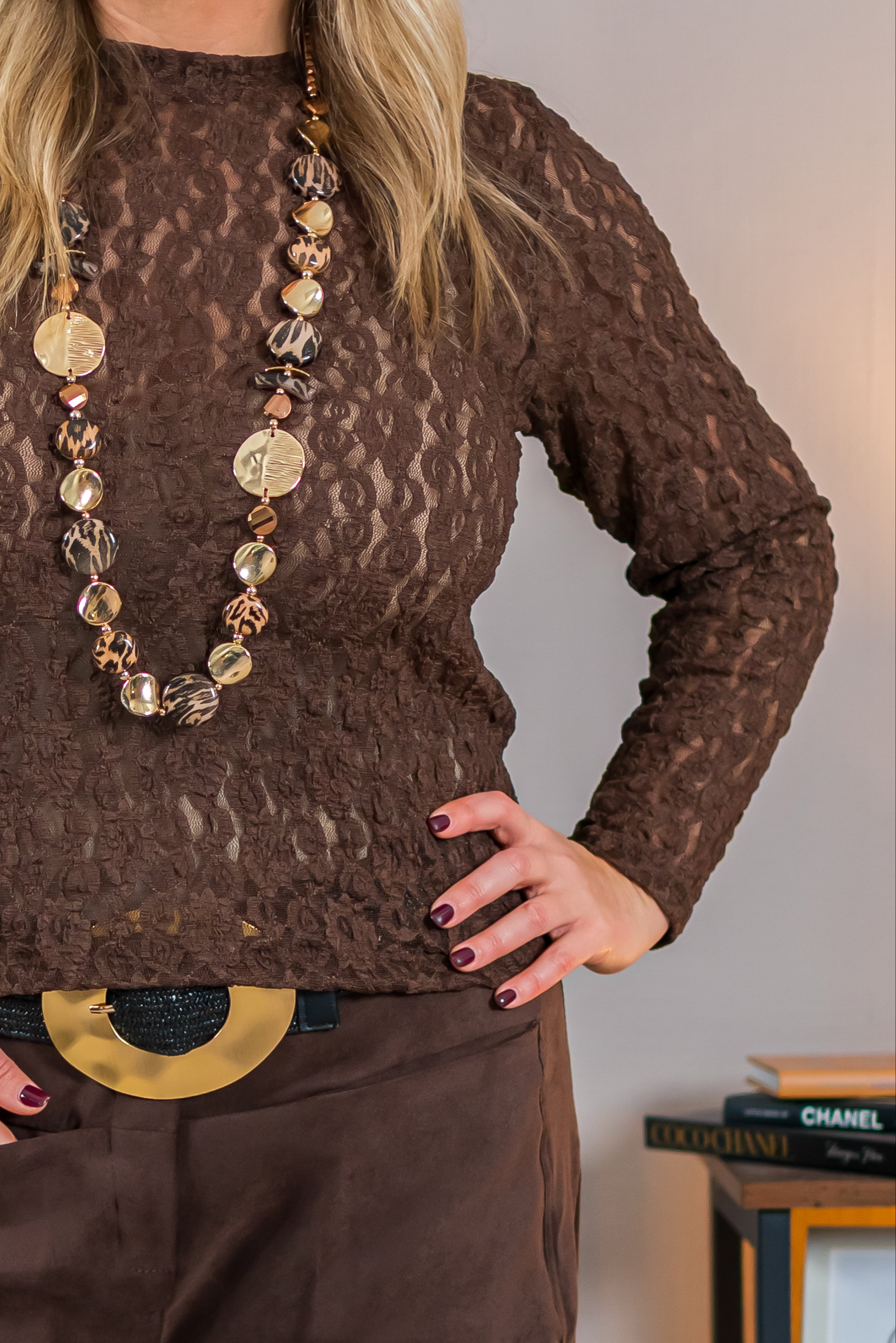 Leichtes Langarmshirt mit Spitze, braun