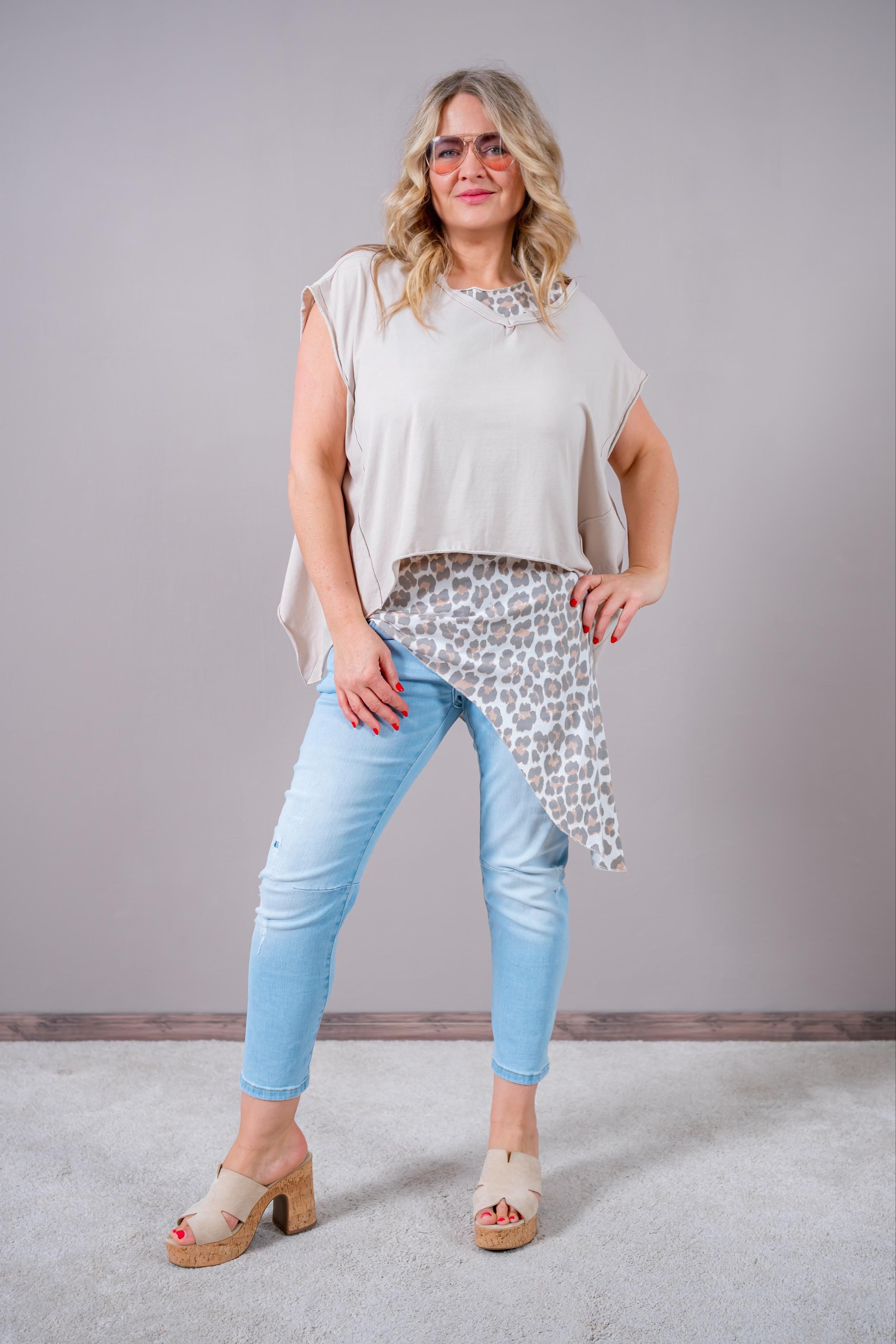 Asymmetrisches Top mit Leo-Print, beige
