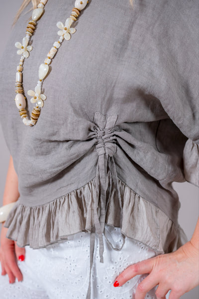 Leinen-Shirt mit Volants und Raffung, taupe