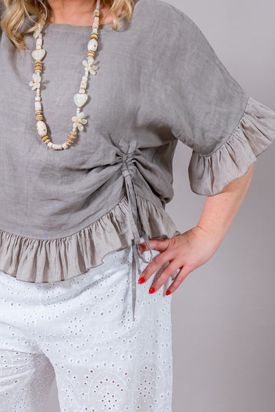 Leinen-Shirt mit Volants und Raffung, taupe