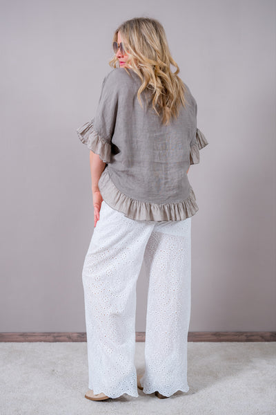 Leinen-Shirt mit Volants und Raffung, taupe