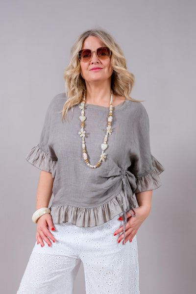 Leinen-Shirt mit Volants und Raffung, taupe