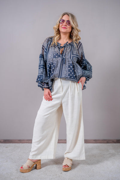 Tunika-Bluse mit Design und Volants, blau/weiß