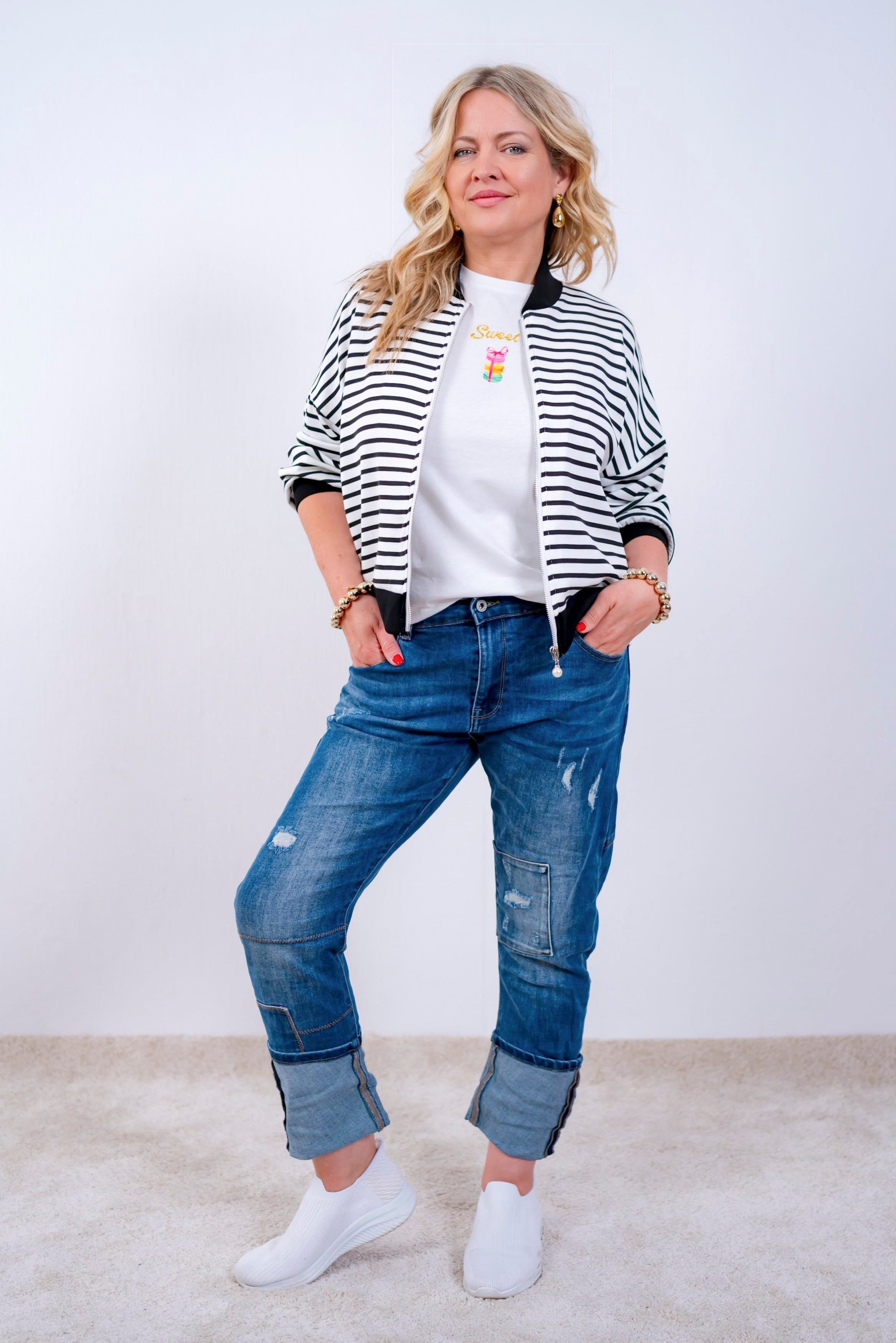 Patchwork-Jeans mit Used-Details