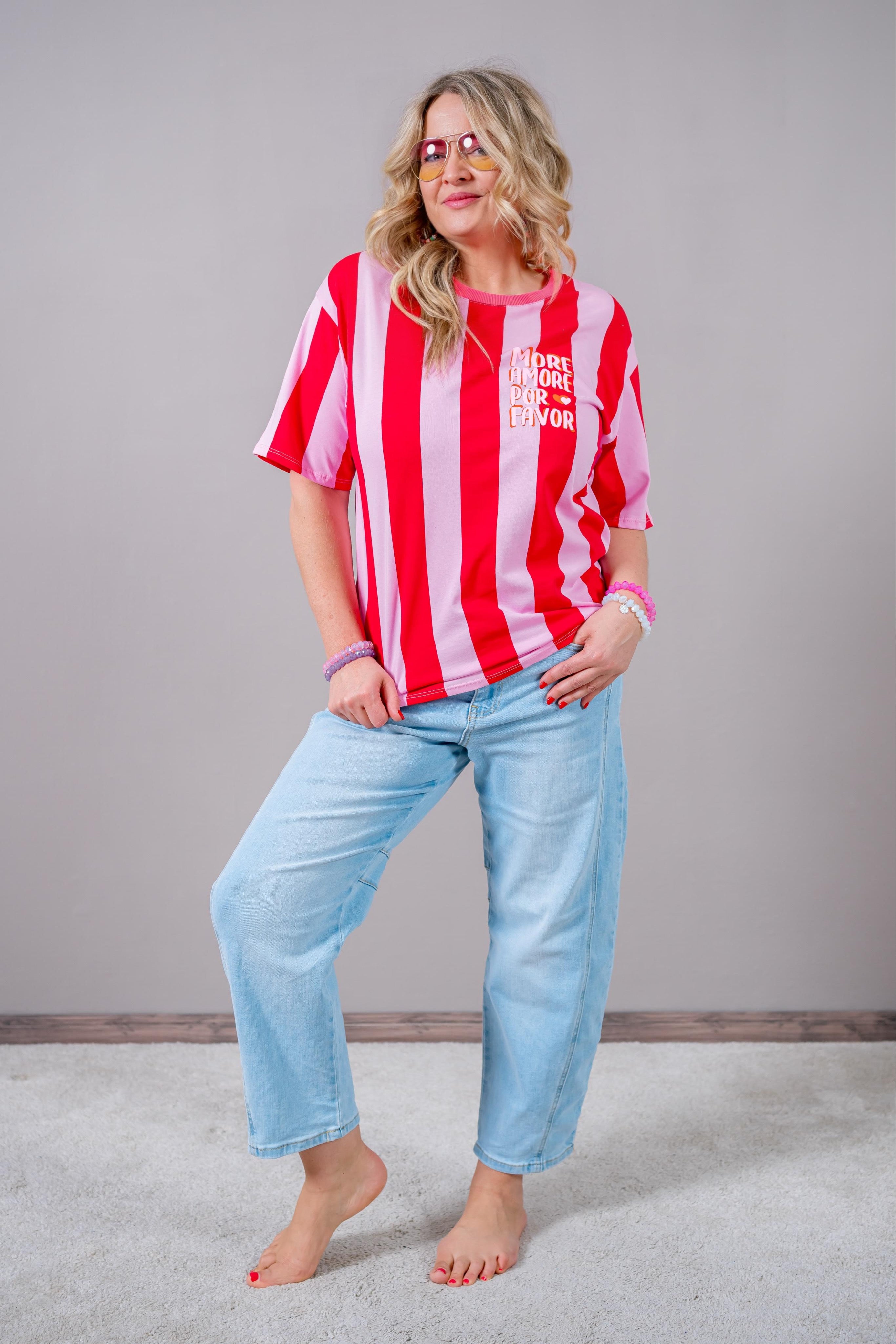 Gestreiftes T-Shirt "MORE AMORE POR FAVOR", rot/rosa