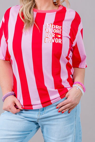 Gestreiftes T-Shirt "MORE AMORE POR FAVOR", rot/rosa