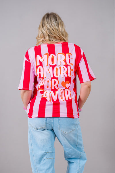 Gestreiftes T-Shirt "MORE AMORE POR FAVOR", rot/rosa