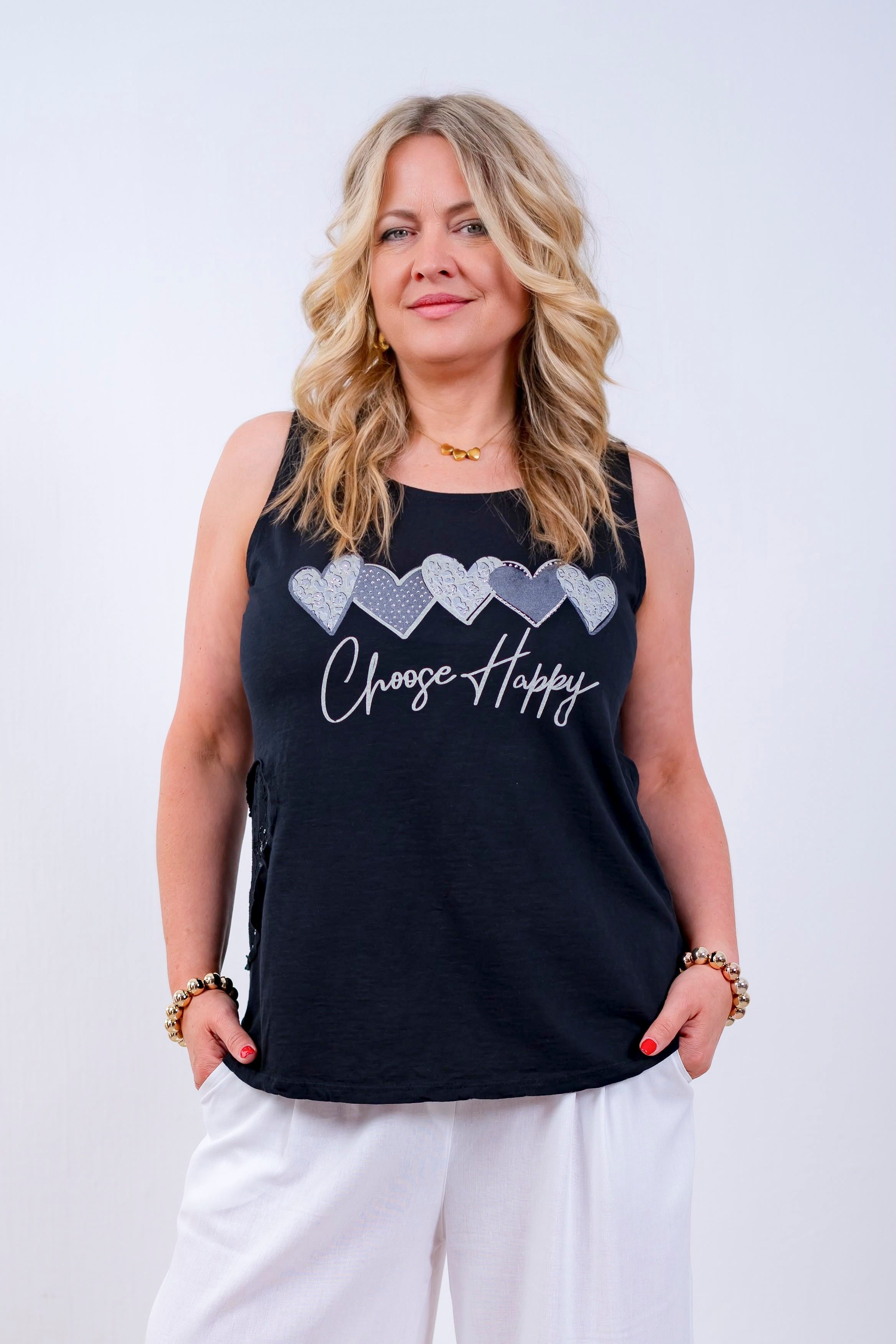 Top mit Print & Spitze, schwarz
