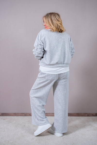 Sweat-Blousonjacke mit gerafften Ärmeln, hellgrau meliert