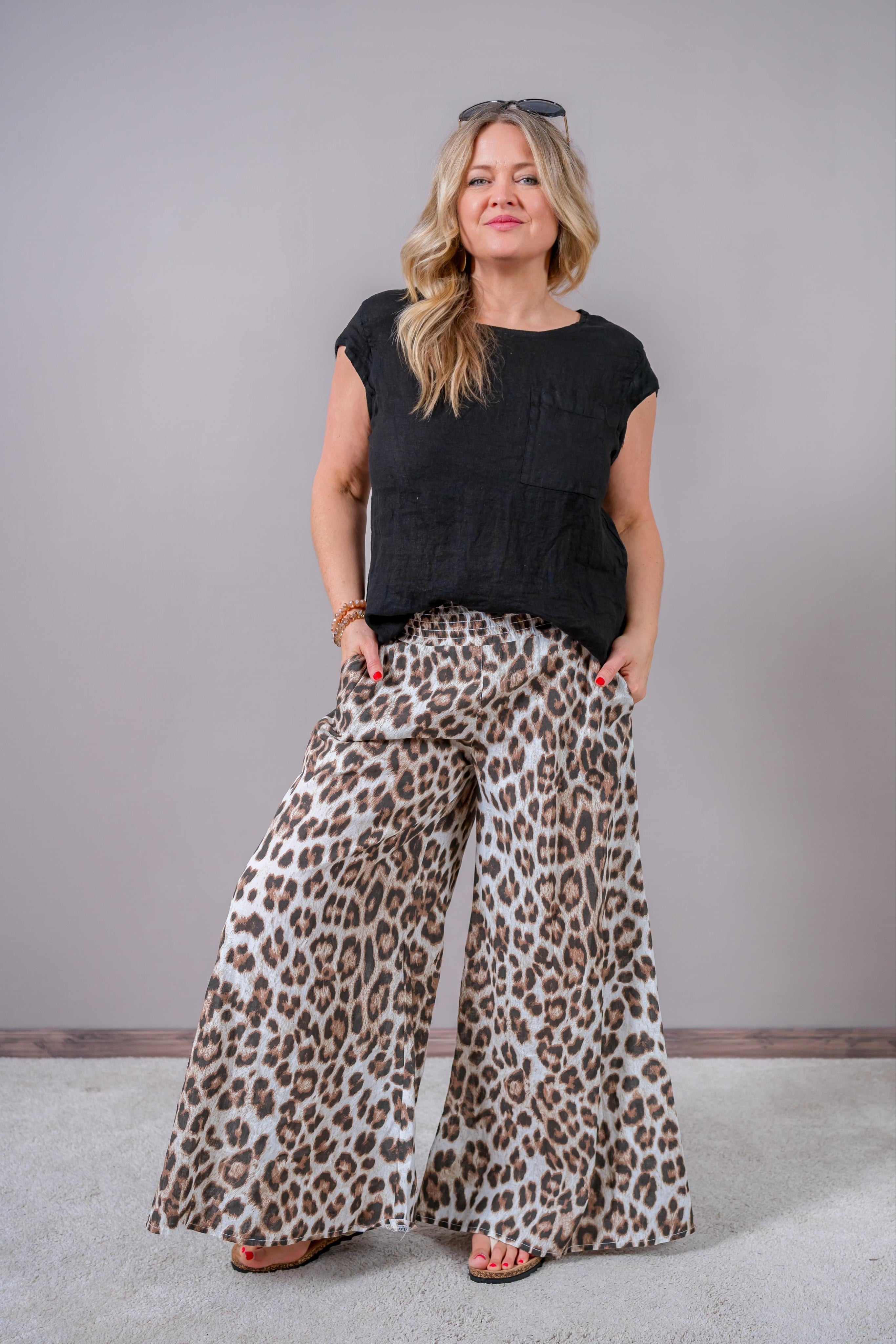 Leinen-Hose mit Leo-Design, weiß/braun