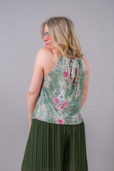 Neckholder-Top mit floralem Design, grün/rosa