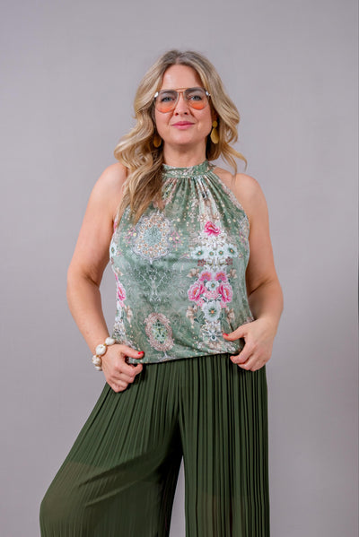 Neckholder-Top mit floralem Design, grün/rosa
