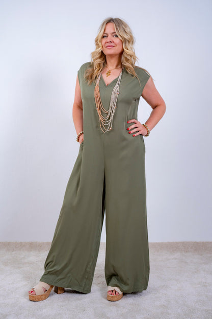 Jumpsuit mit V-Ausschnitt, khaki