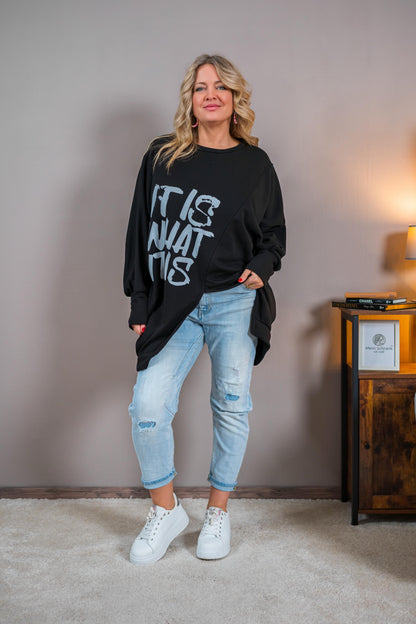 Oversize Sweat-Pullover mit Print, schwarz