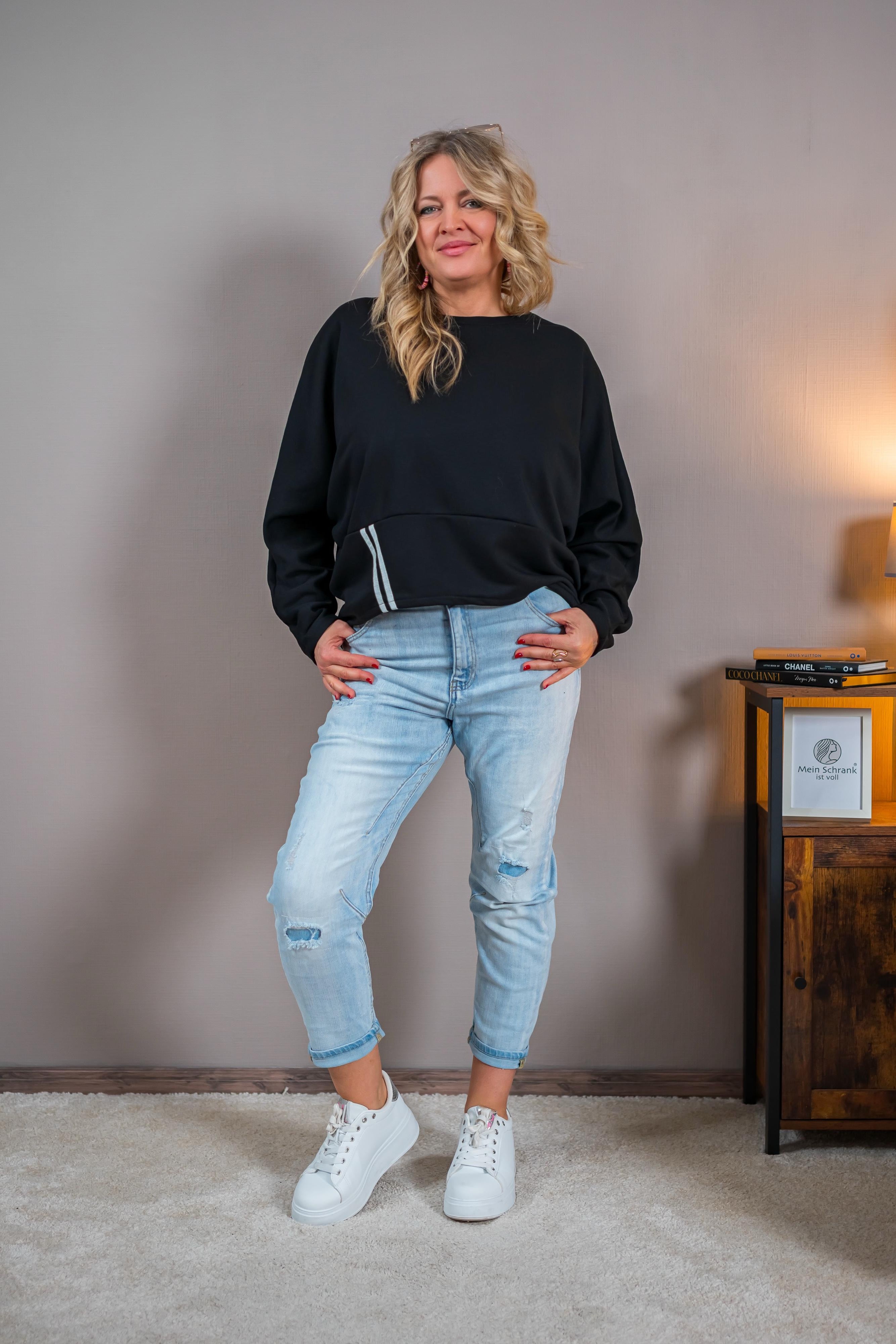 Oversize Sweatshirt mit Streifen-Detail, schwarz