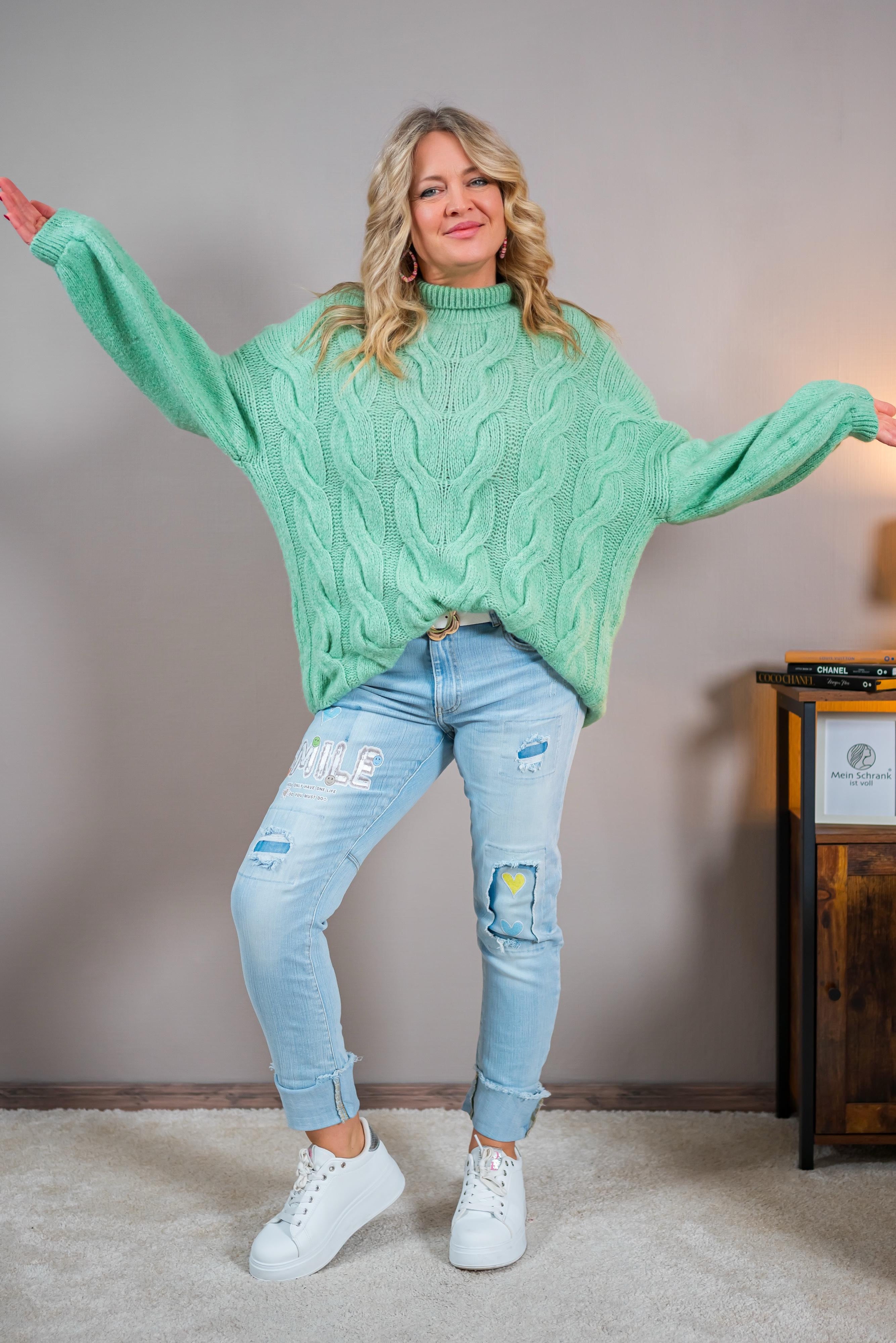 Strickpullover mit Zopfmuster, mintgrün