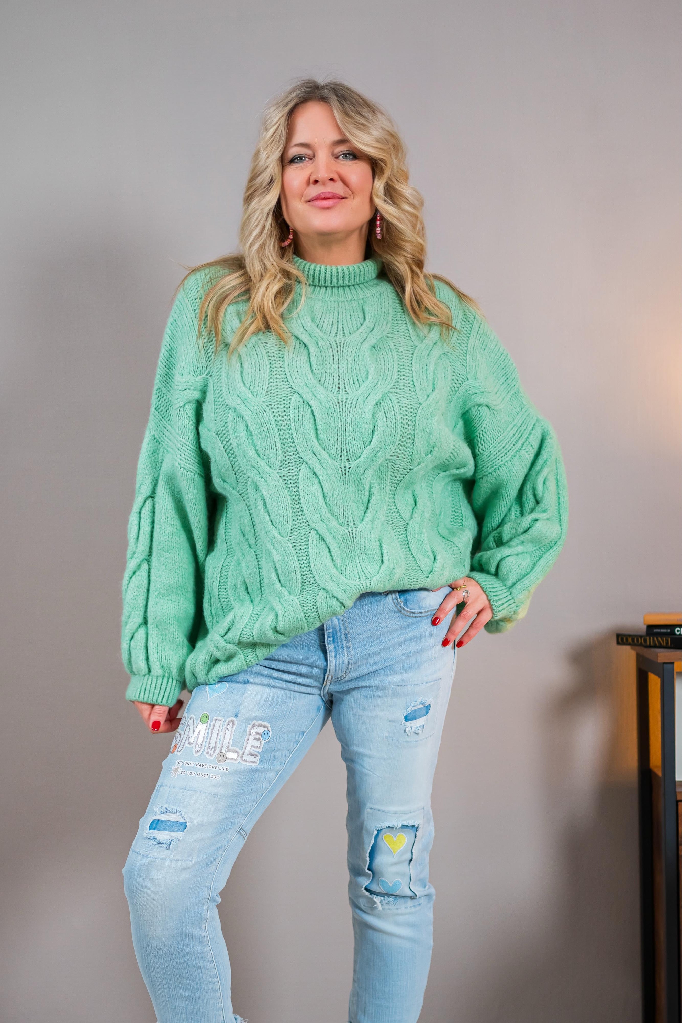 Strickpullover mit Zopfmuster, mintgrün