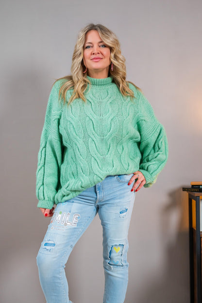 Strickpullover mit Zopfmuster, mintgrün