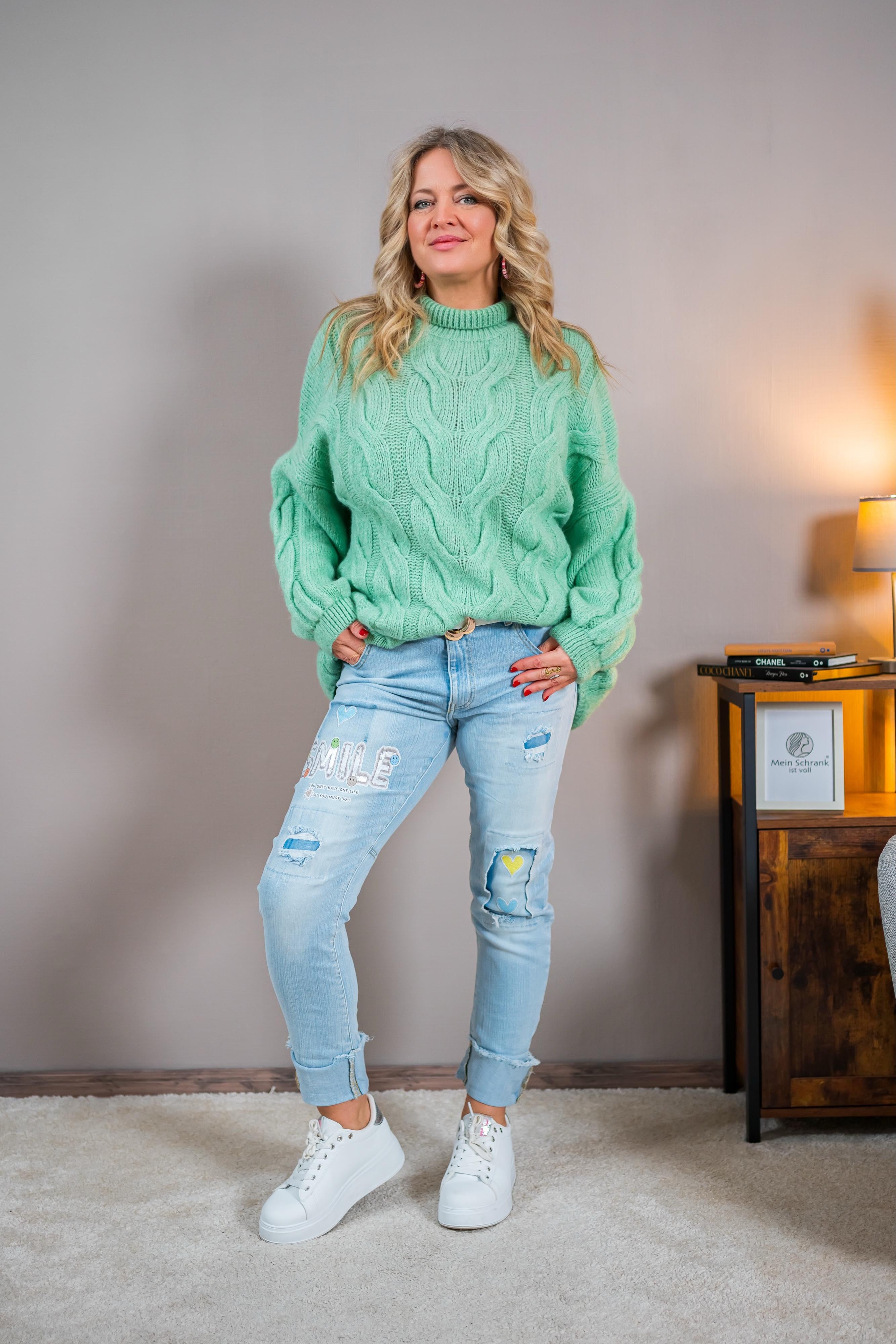 Strickpullover mit Zopfmuster, mintgrün