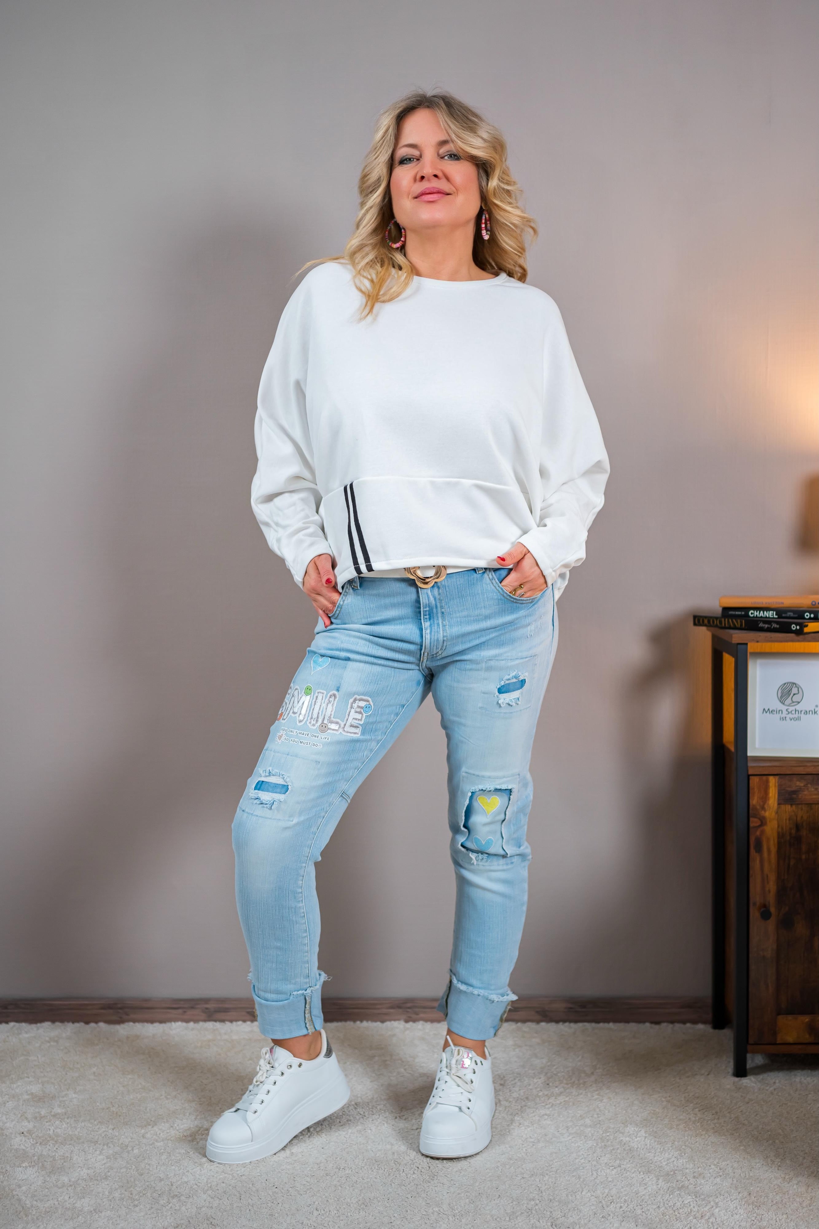 Oversize Sweatshirt mit Streifen-Detail, weiß