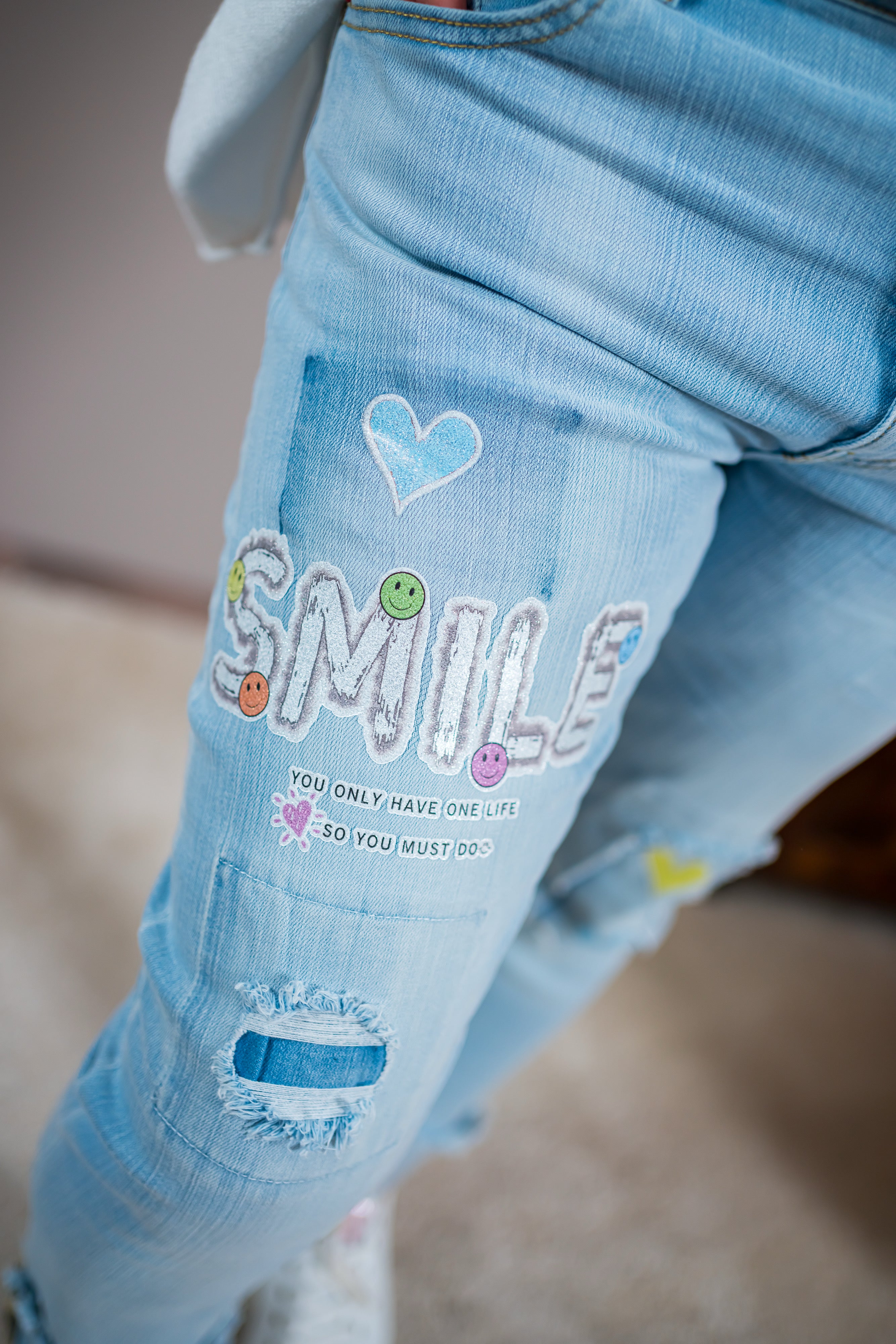 Straight Jeans mit Statement Print "SMILE", Light Blue