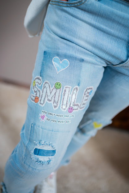 Straight Jeans mit Statement Print "SMILE", Light Blue