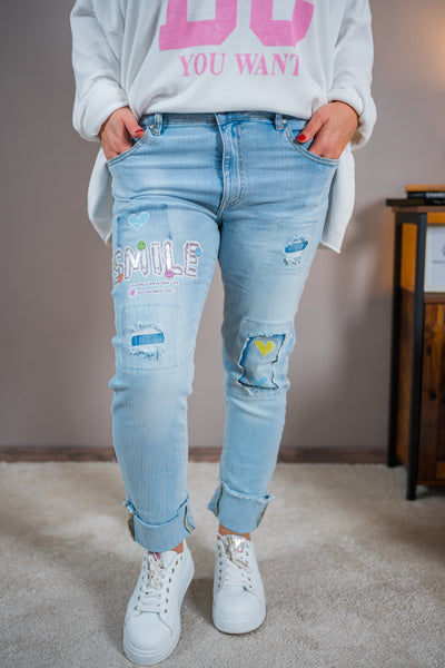 Straight Jeans mit Statement Print "SMILE", Light Blue