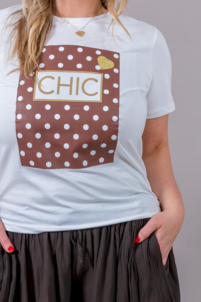 Weißes Statement-Shirt 'CHIC', Punkte & Gold
