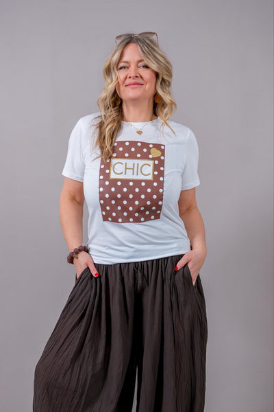 Weißes Statement-Shirt 'CHIC', Punkte & Gold