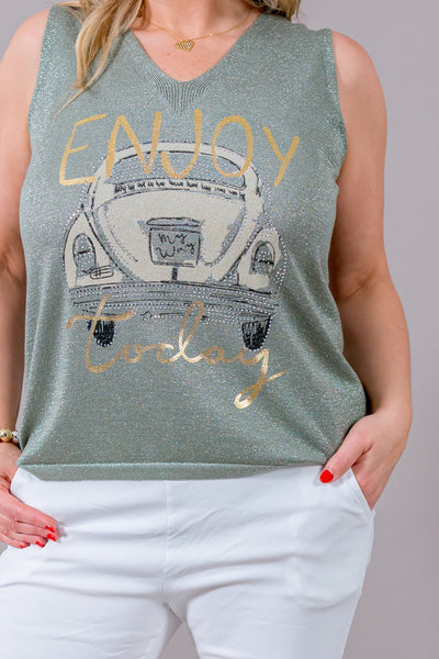 Strick Top 'Enjoy', khaki-silber