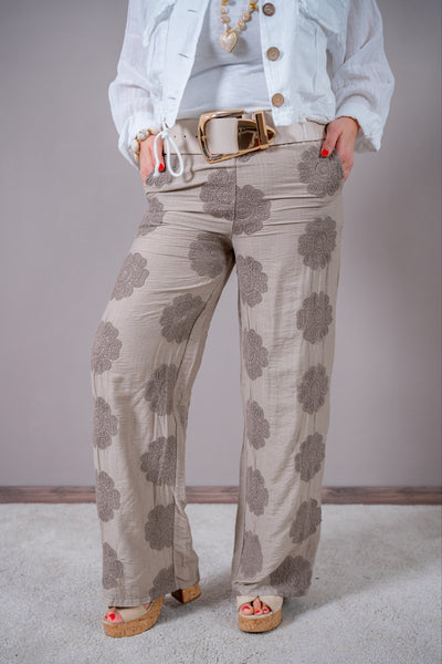 Leinenhose mit Blumen-Stickerei, taupe