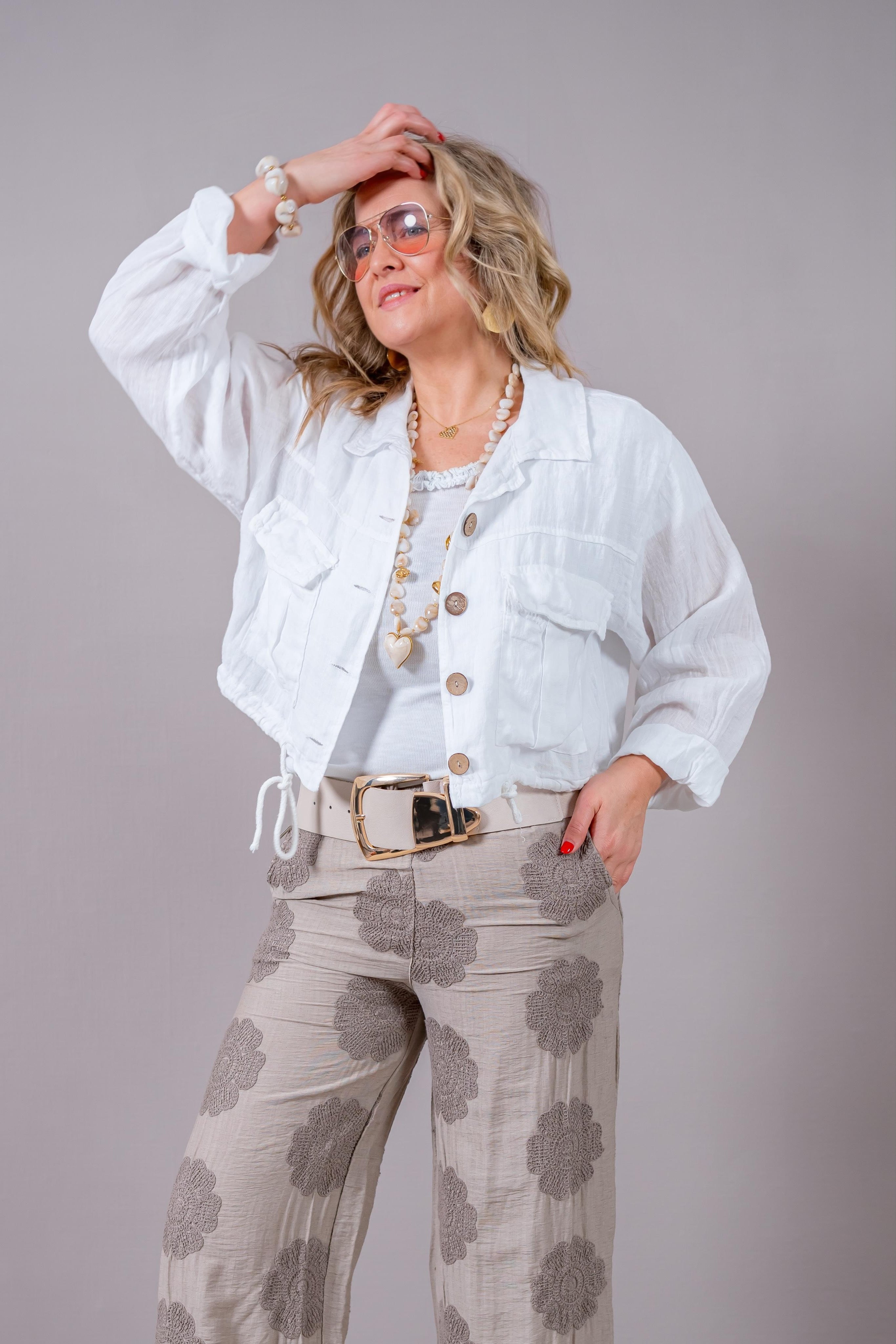 Cropped Leinenjacke, weiß